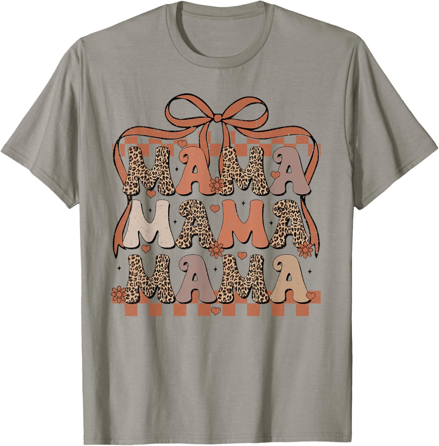 Retro Mama Coquette Bows Checkered Leopard Mom Mother's Day T-Shirt - T-Shirt | Sand
