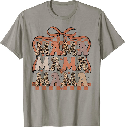 Retro Mama Coquette Bows Checkered Leopard Mom Mother's Day T-Shirt - T-Shirt | Sand
