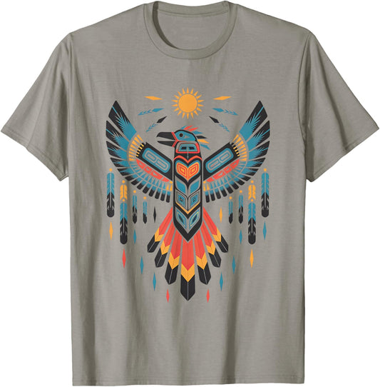 North American Tribal Thunderbird Vibrant Geometric Design T-Shirt - T-Shirt | Sand