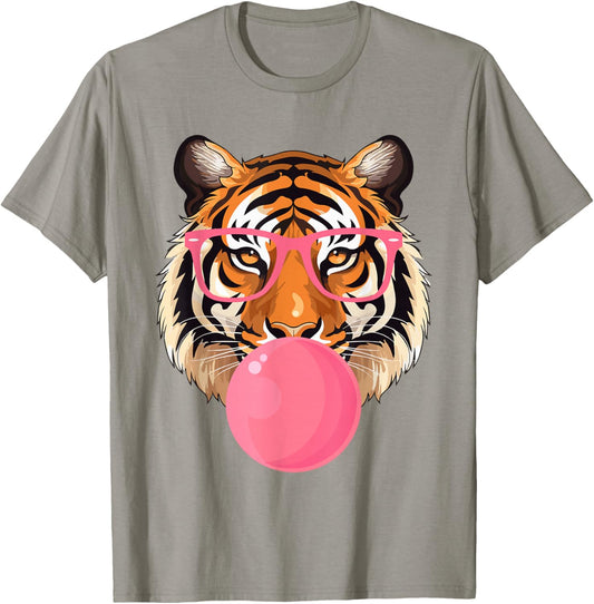 Funny Tiger Glasses Blowing Bubble Gum Cute Tiger Face T-Shirt - T-Shirt | Sand
