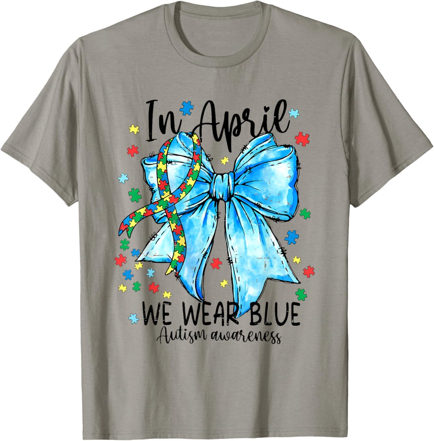 In April We Wear Blue Autism Awareness Puzzle Coquette Bow T-Shirt - T-Shirt | Sand