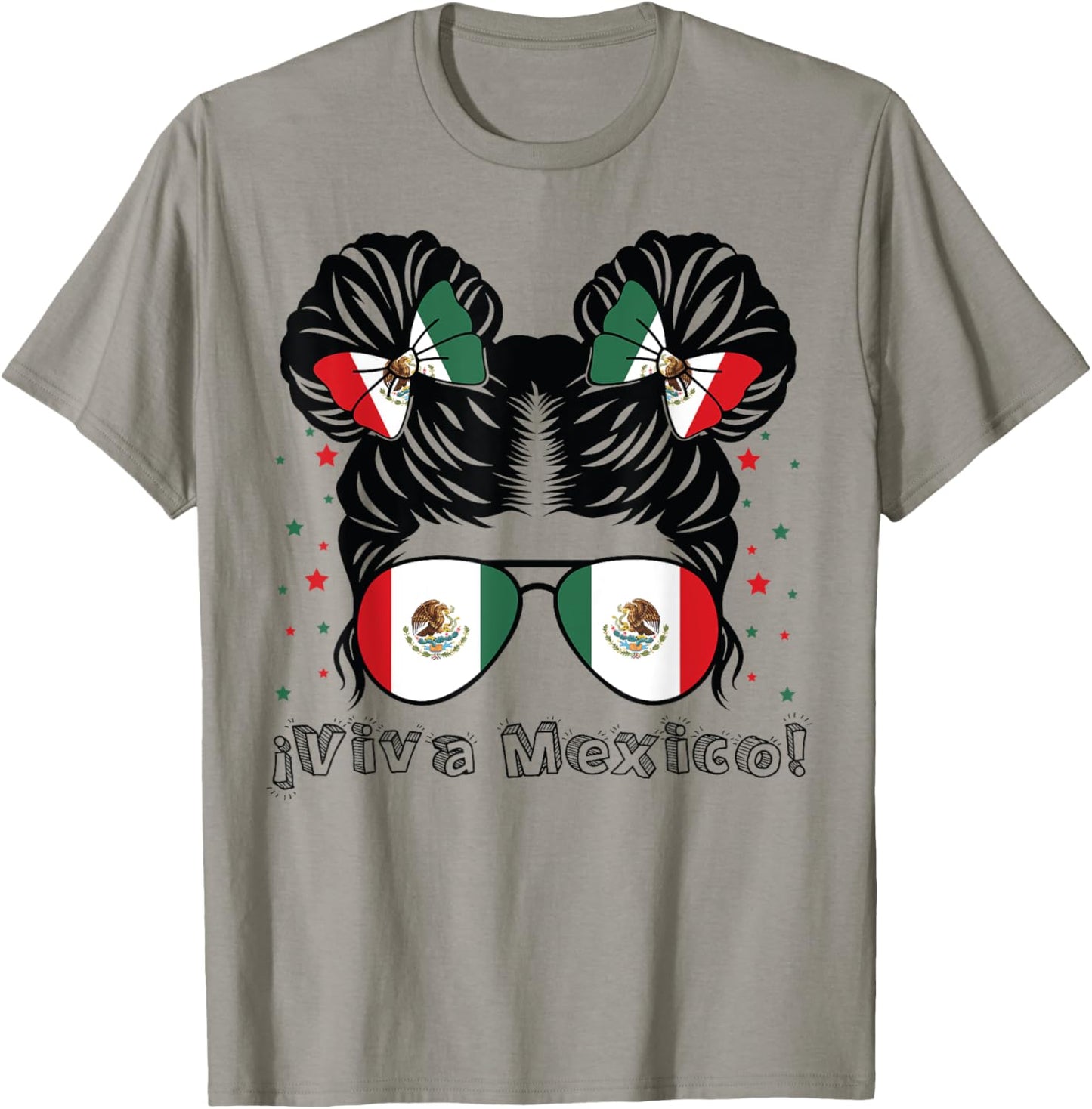 Messy Bun Girl Viva Mexico Independence Day Mexican Flag T-Shirt - T-Shirt | Sand