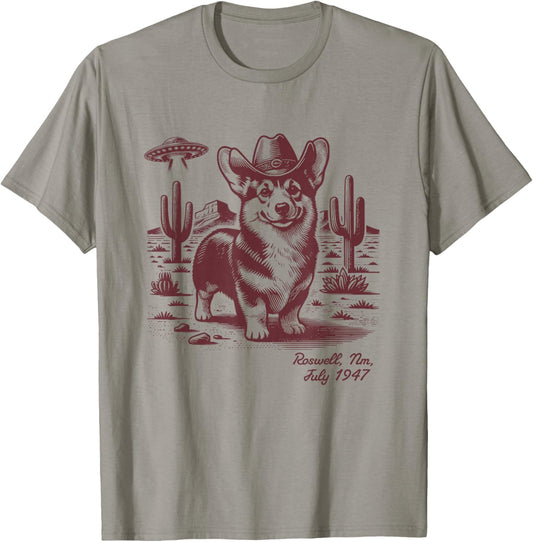 Retro 90s Cowgirl Western Cowboy Corgi Ufo Alien T-Shirt - T-Shirt | Sand