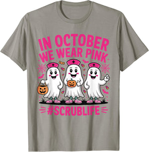 Nurse Scrub Life in October We Wear Pink Breast Cancer Nurse T-Shirt - T-Shirt | Sand