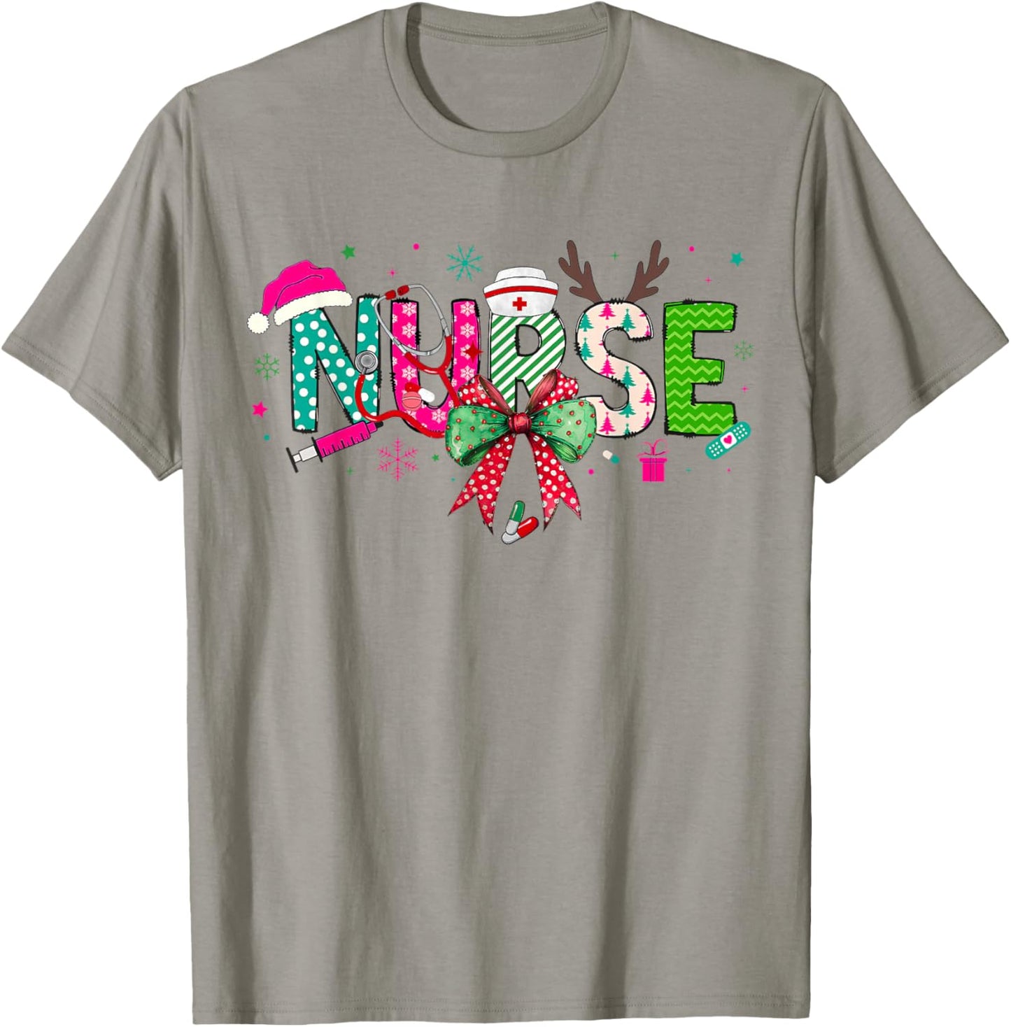 Christmas Nurse Stethoscope Xmas Coquette Bow Nursing School T-Shirt - T-Shirt | Sand
