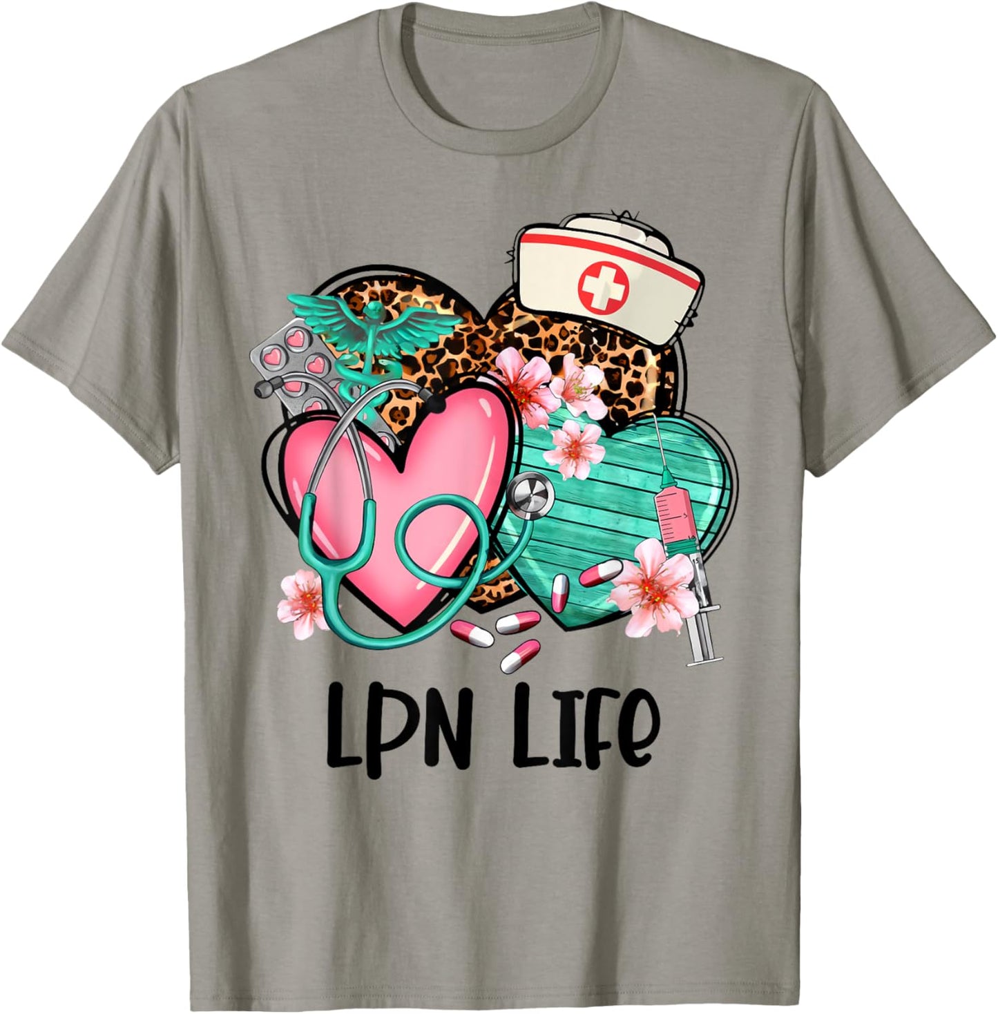 LPN Shirt Nurse Life Graphic Leopard Heart T-Shirt - T-Shirt | Sand