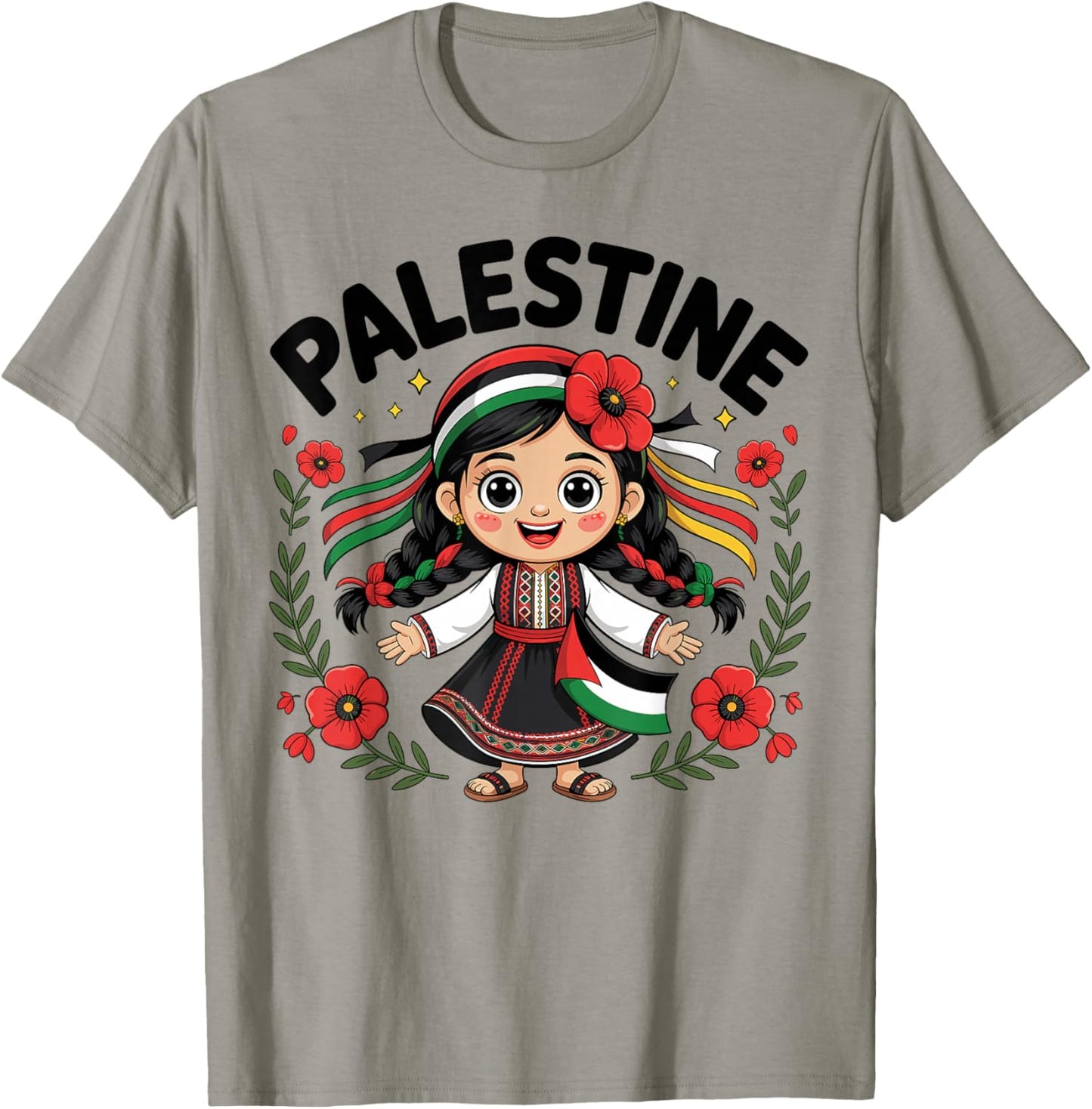 Cute Palestinian Girl in Traditional Embroidery Dress Kids T-Shirt - T-Shirt | Sand