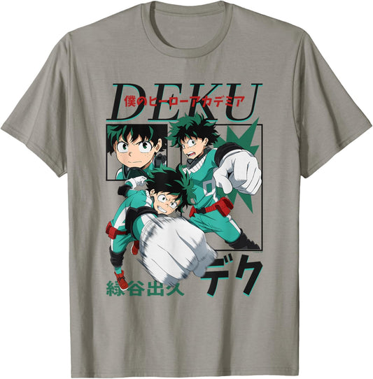 My Hero Academia Deku Action Poses Collage with Kanji Anime T-Shirt - T-Shirt | Sand