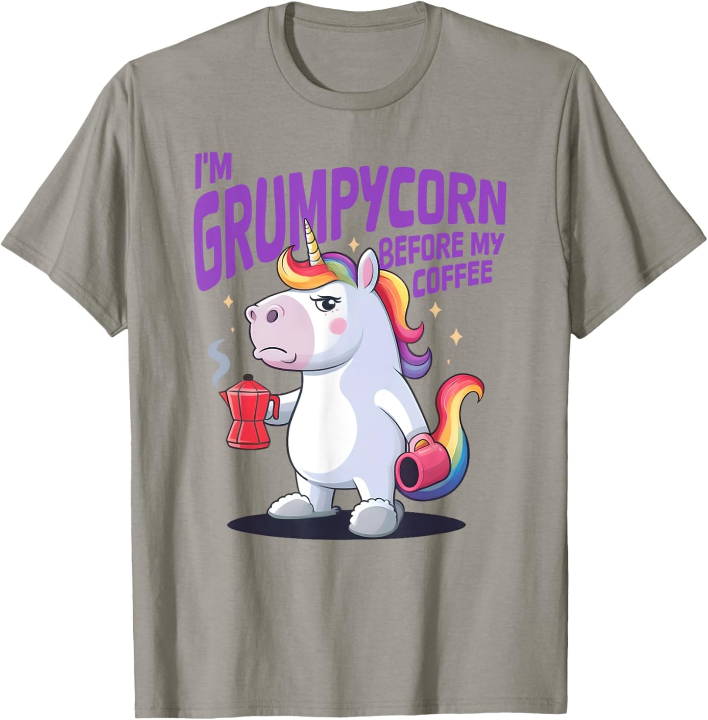 I'M GRUMPYCORN BEFORE MY COFFEE X Unicorn Angry with Coffee T-Shirt - T-Shirt | Sand