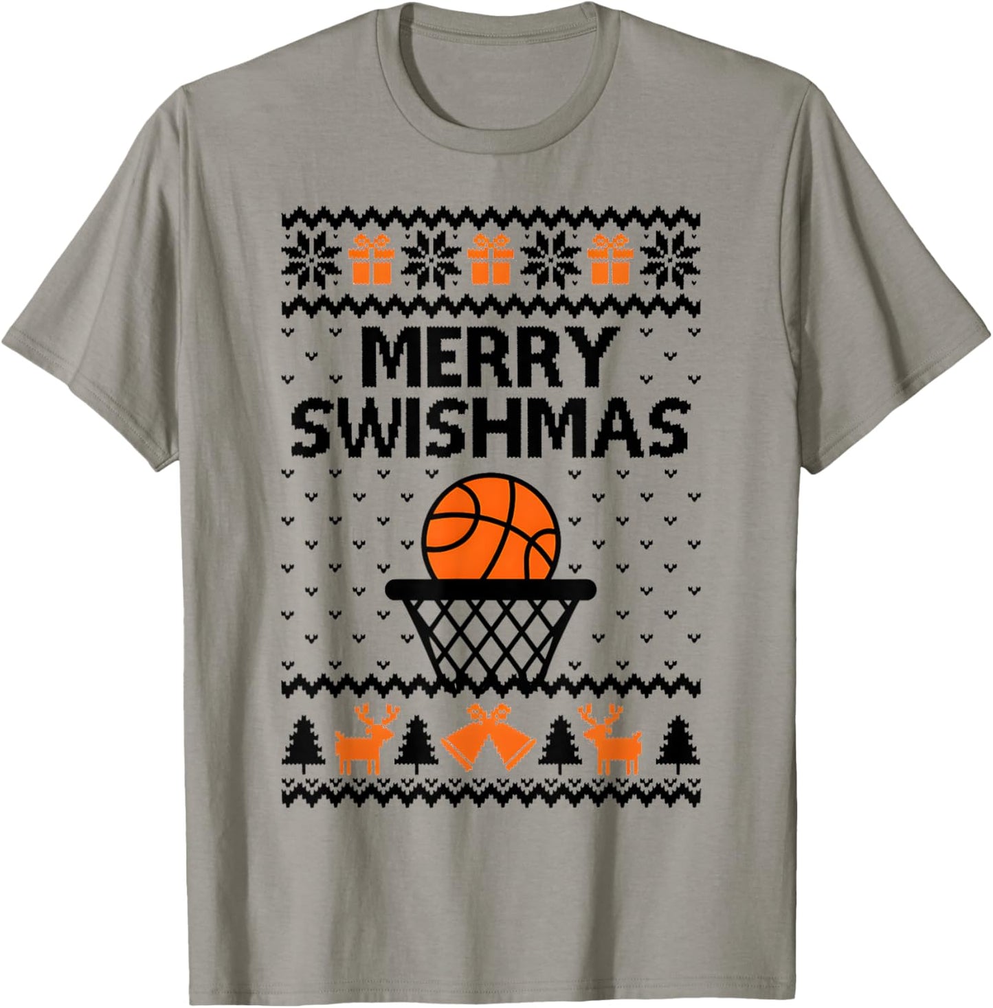 Merry Swishmas X-Mas Basketball Ugly Christmas Sweater Style T-Shirt - T-Shirt | Sand