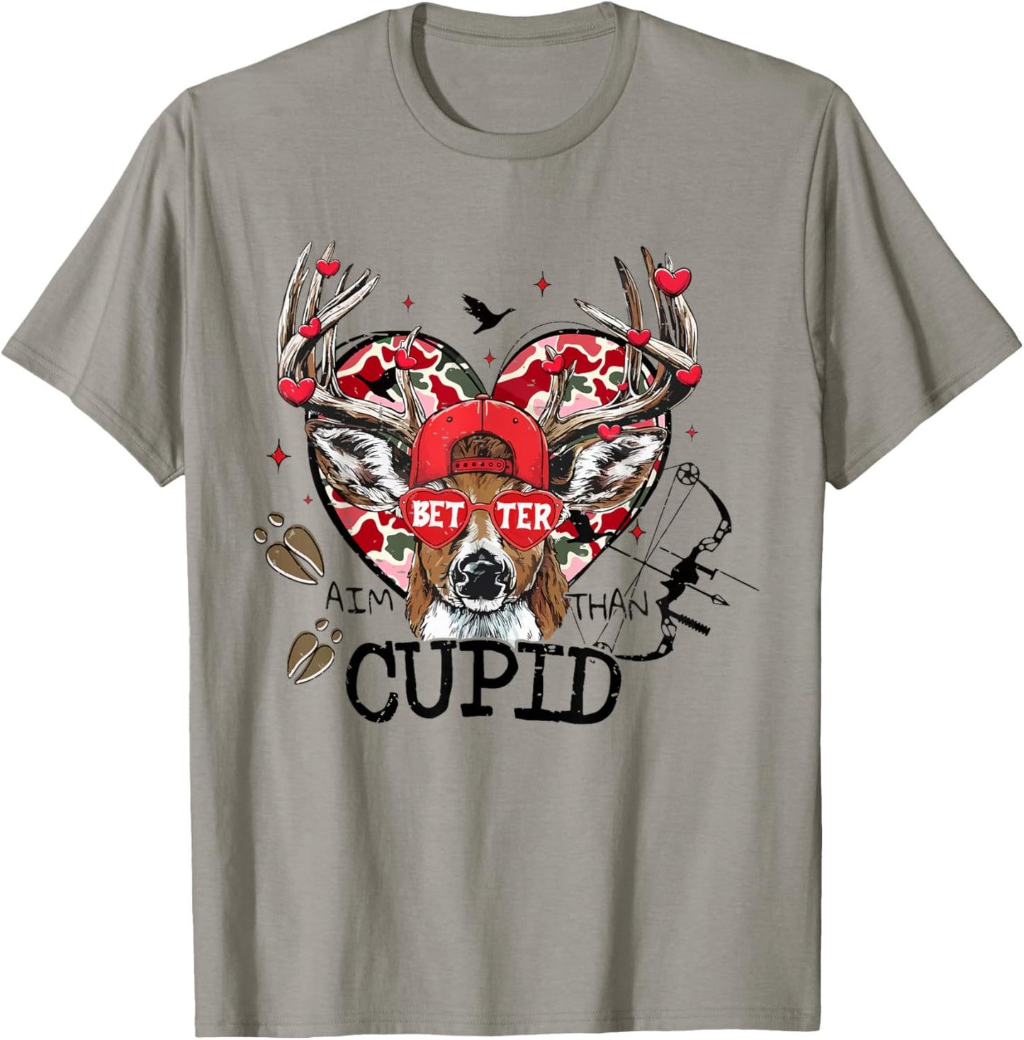 Vintage Better Aim Than Cupid Deer Camo Hunting Valentine T-Shirt - T-Shirt | Sand
