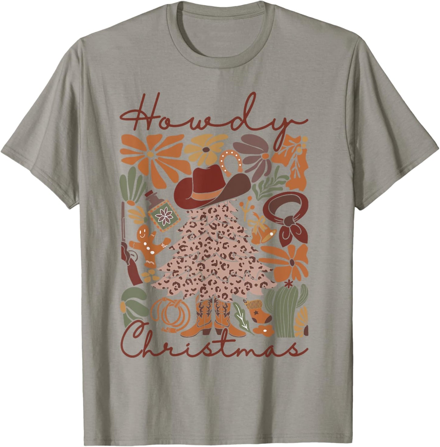 Western Santa Hat Howdy Christmas Tree Boho Flower Cowboy T-Shirt - T-Shirt | Sand