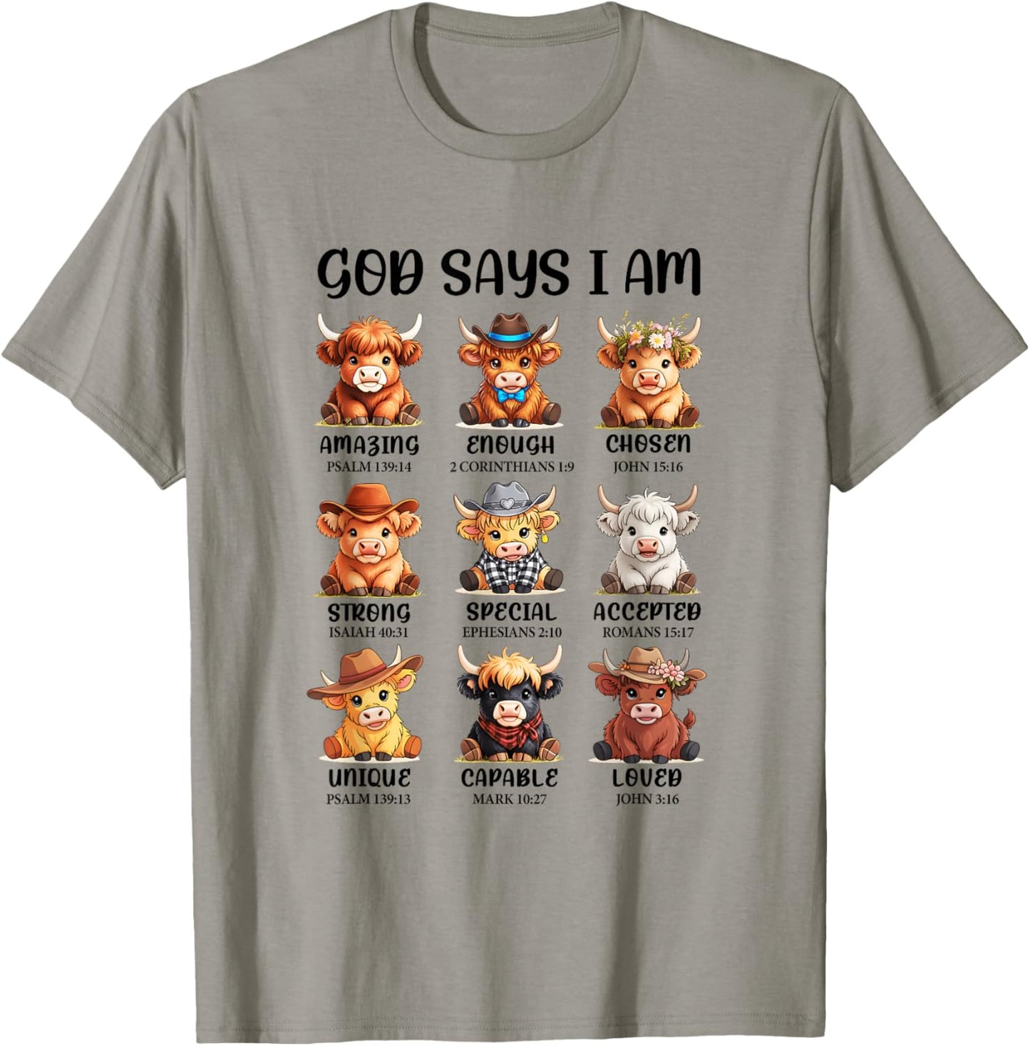God Says I Am Highland Cow Christian Religious Scottish Cow T-Shirt - T-Shirt | Sand