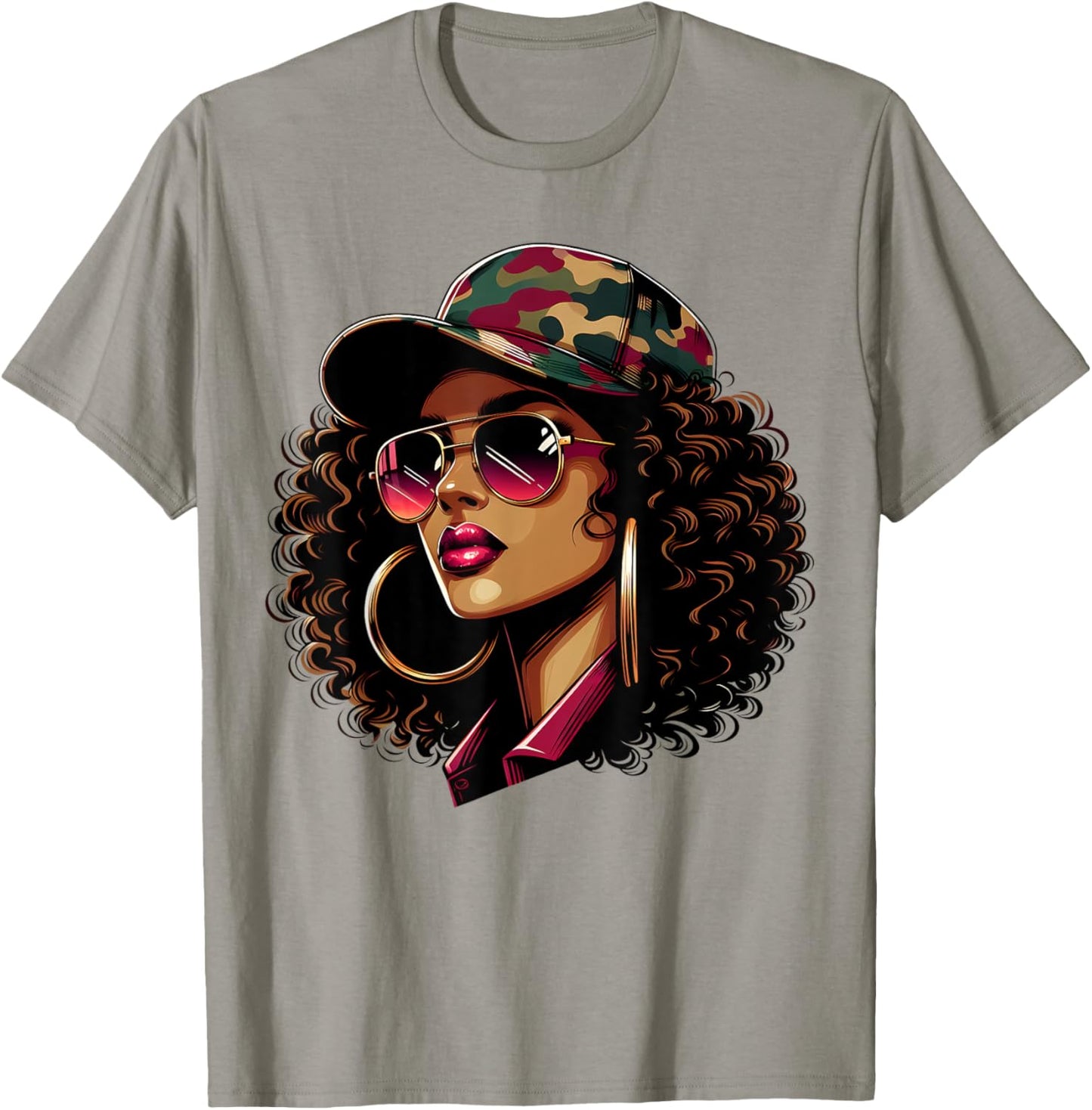Queen Black Woman With Camo Cap Locs African American T-Shirt - T-Shirt | Sand