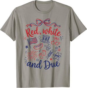 Red White and Due 4th of July Pregnancy Reveal T-Shirt - T-Shirt | Sand