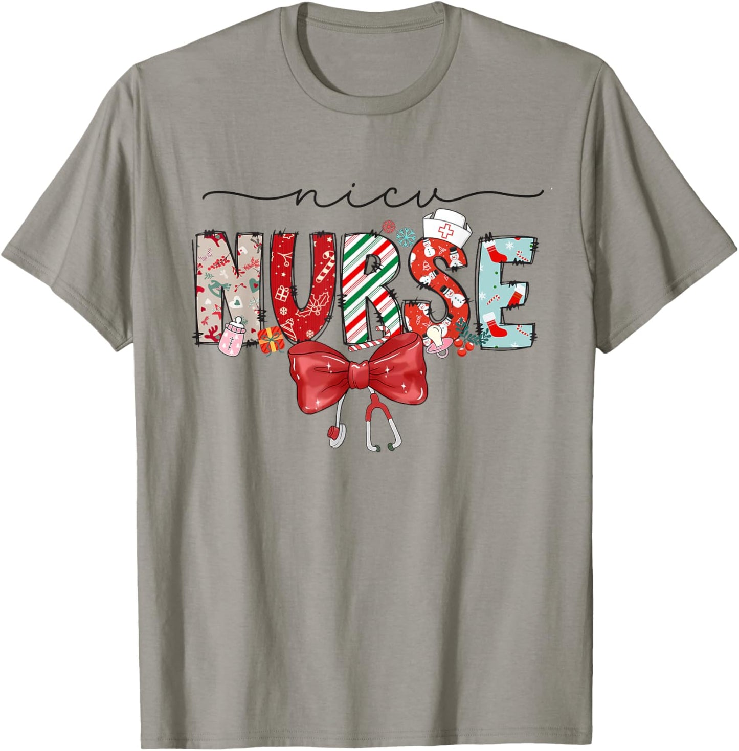 NICU Nurse Christmas Coquette Bow Holiday NICU Crew Team T-Shirt - T-Shirt | Sand