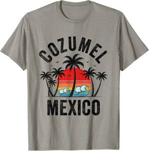 Cozumel Mexico Beach Palm Trees Sunset Surf Vintage Men Women Girls Kids T-Shirt - T-Shirt | Sand