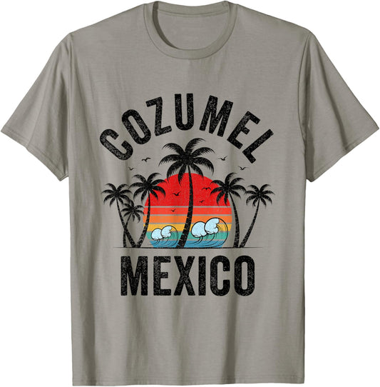 Cozumel Mexico Beach Palm Trees Sunset Surf Vintage Men Women Girls Kids T-Shirt - T-Shirt | Sand