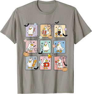 Funny Silly Goose Nurse Halloween Stamp Cute Ghost Boo Goose T-Shirt - T-Shirt | Sand