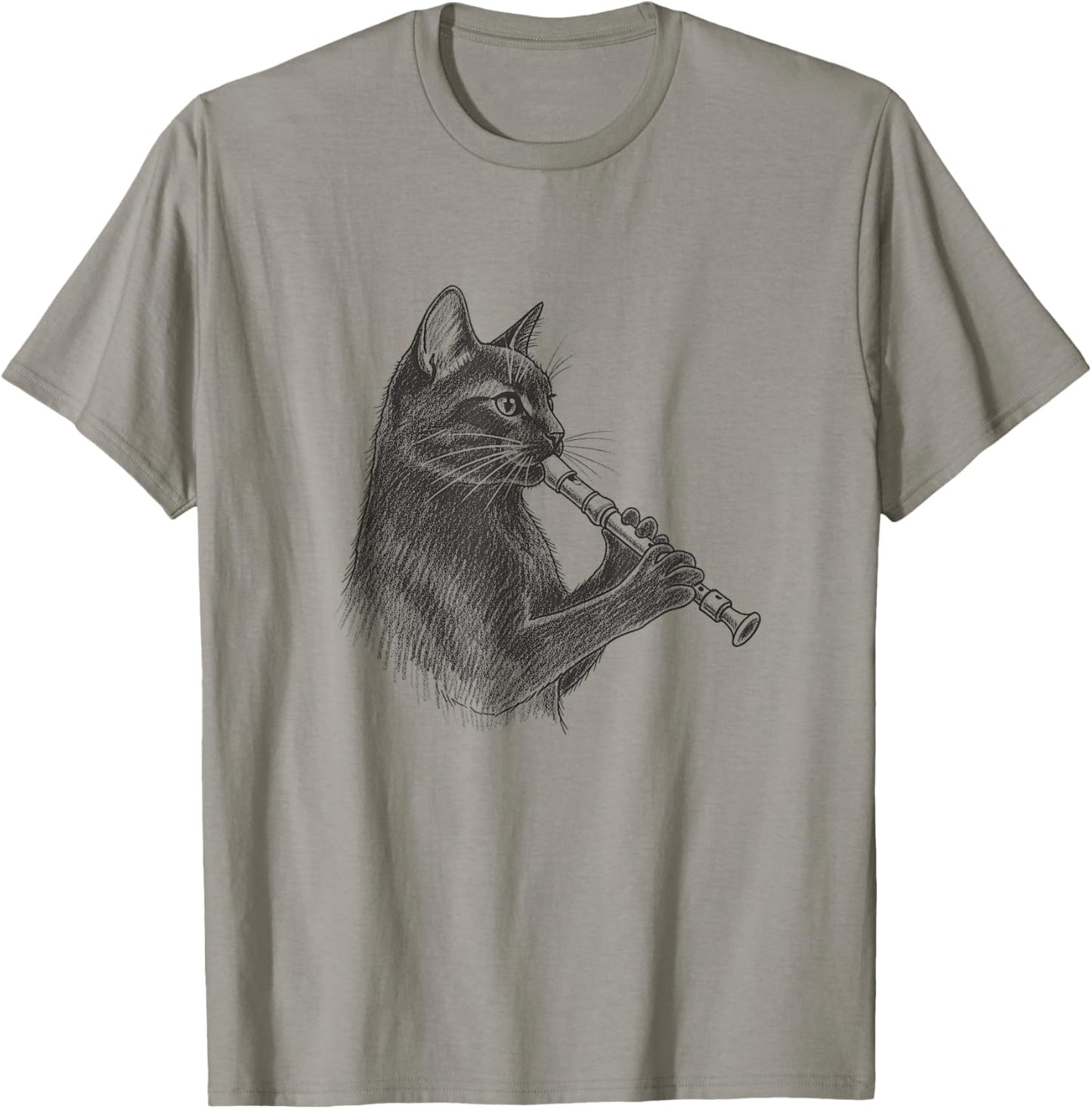 Cat Playing Recorder Sketch Art Design T-Shirt - T-Shirt | Sand