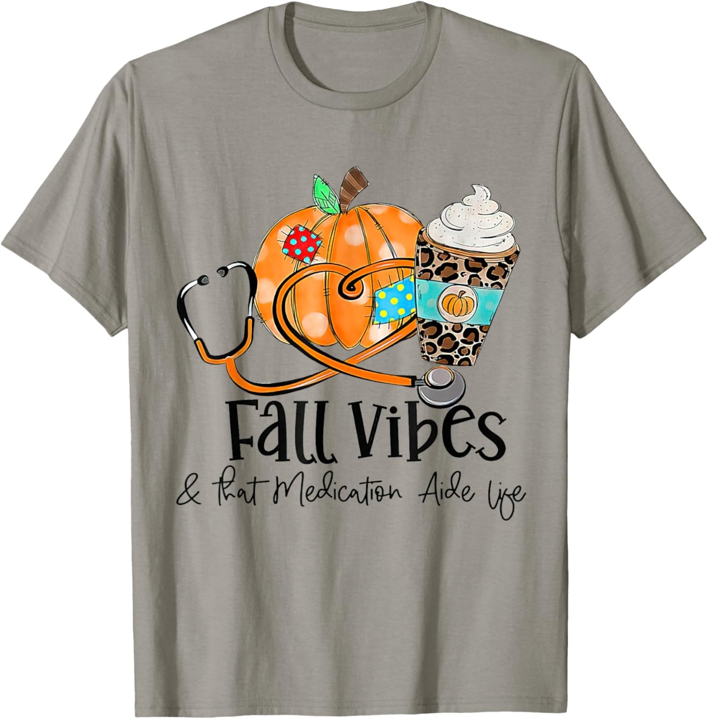 Fall Vibes And Medication Aide Life Pumpkin Leopard T-Shirt - T-Shirt | Sand