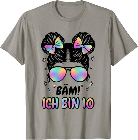 10th Birthday Girl Messy Bun Bäm! Ich Bin 10 T-Shirt - T-Shirt | Sand