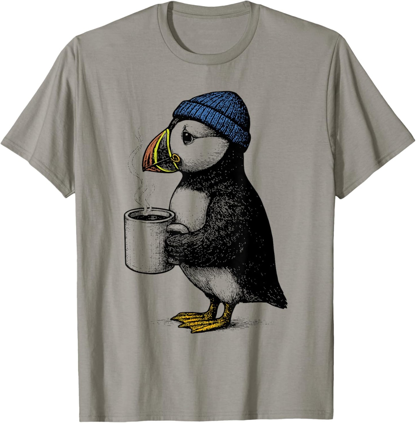 Puffin with Hat Funny Coffee Bird T-Shirt - T-Shirt | Sand