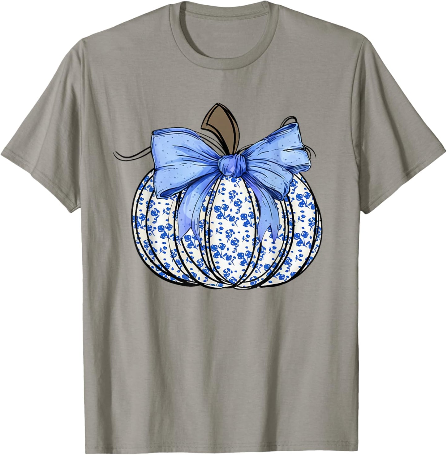 Retro Coquette Bow Blue Floral Pumpkin Halloween Autumn Fall T-Shirt - T-Shirt | Sand