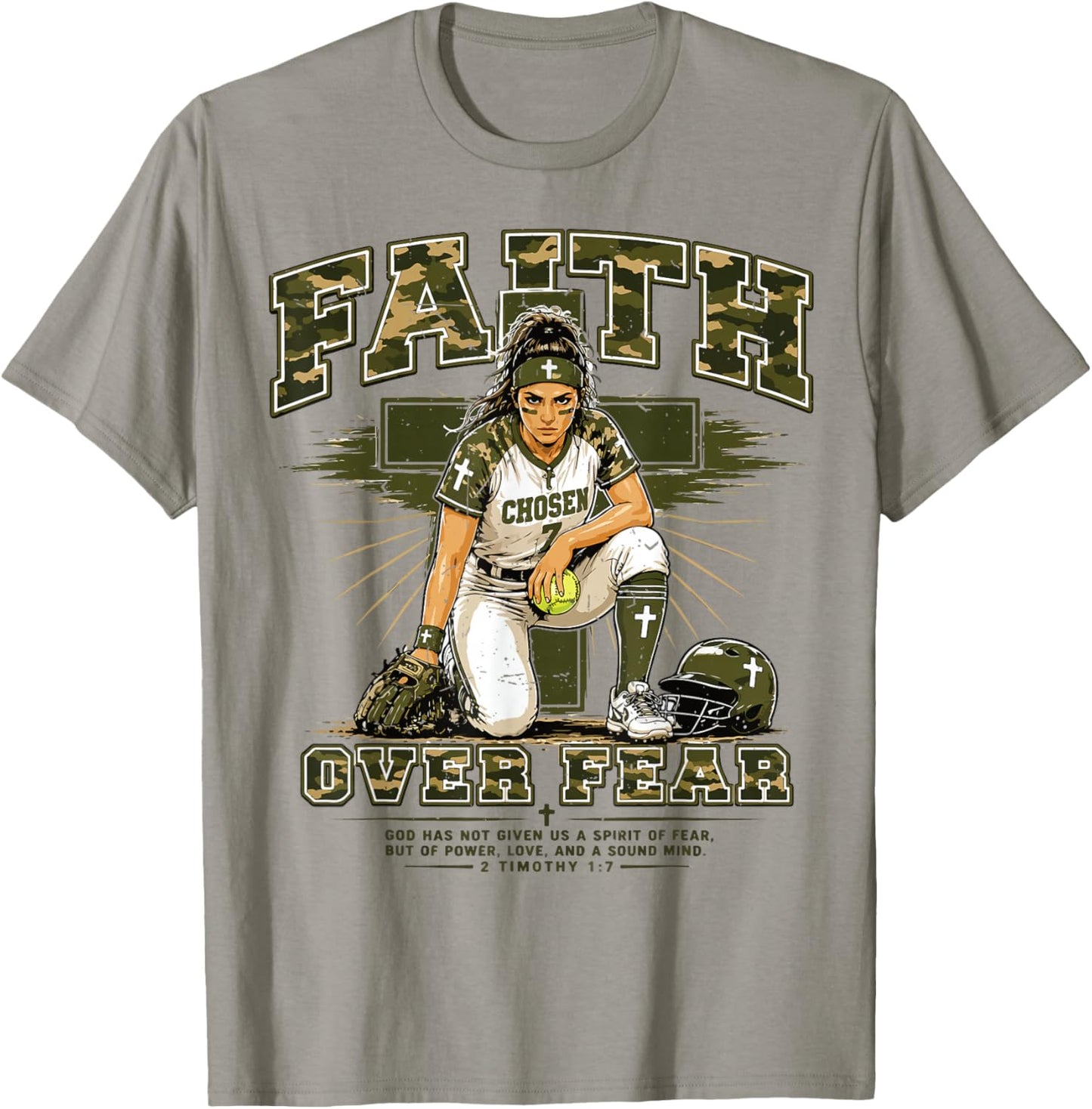 Girls Camo Christian Softball Faith Over Fear Camouflage T-Shirt - T-Shirt | Sand
