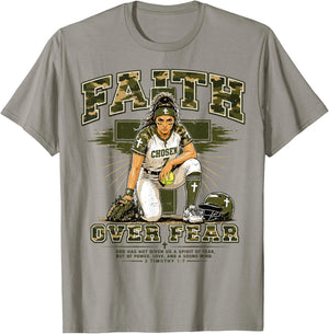 Girls Camo Christian Softball Faith Over Fear Camouflage T-Shirt - T-Shirt | Sand