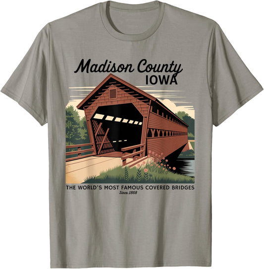 Vintage Poster-Style Covered Bridges Madison County Iowa T-Shirt - T-Shirt | Sand