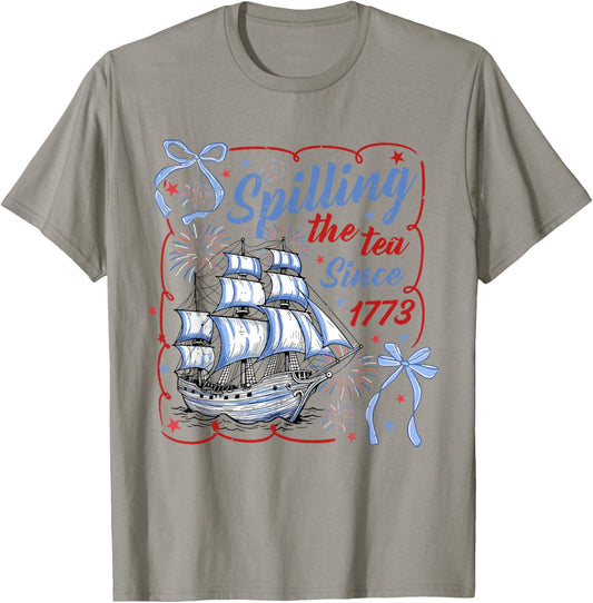 Coquette Bow Funny Spilling The Tea Since 1773 4th of July T-Shirt - T-Shirt | Sand