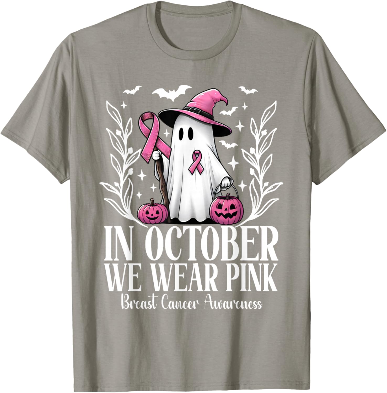 In October We Wear Pink Breast Cancer Ghost Witch Halloween T-Shirt - T-Shirt | Sand
