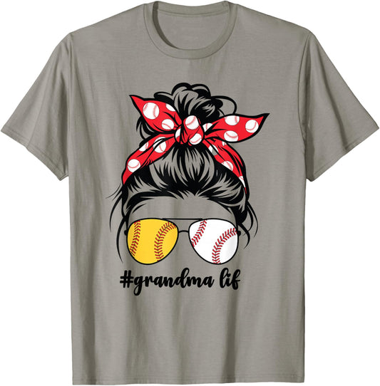 Half Softball And Baseball Grandma Life Women Messy Bun Cute T-Shirt - T-Shirt | Sand