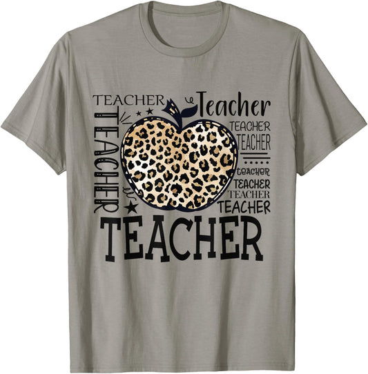 Leopard Apple Teacher Graphic Funny Teacher Back to School T-Shirt - T-Shirt | Sand