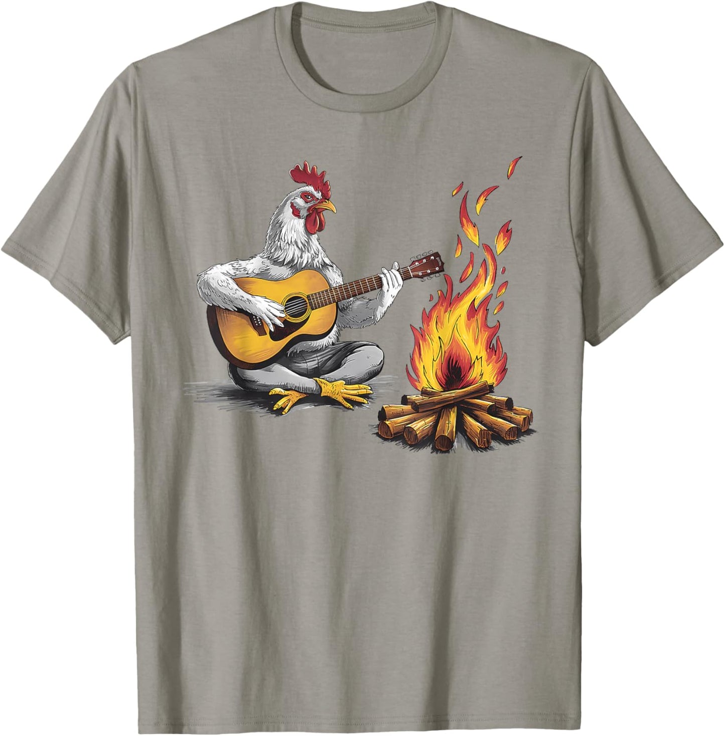 Funny graphic design Chicken Playing Guitar with Campfire T-Shirt - T-Shirt | Sand