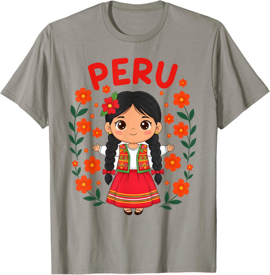 Cute Peru Girl Traditional Dress Colorful Flowers Girls Kids T-Shirt - T-Shirt | Sand