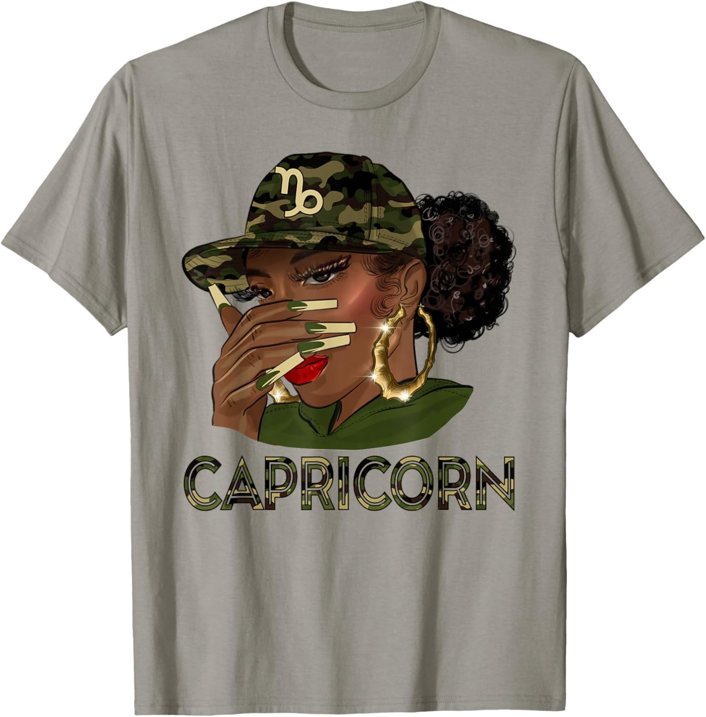 Capricorn Queen Black Girl With Cap Camo Afro Woman Zodiac T-Shirt - T-Shirt | Sand