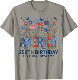 USA 250 Years America Floral Birthday Patriotic 4th of July T-Shirt - T-Shirt | Sand