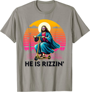 He Is Rizzin Jesus Riding Scooter Easter Christian Men Boy T-Shirt - T-Shirt | Sand