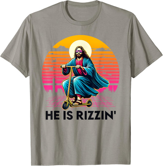 He Is Rizzin Jesus Riding Scooter Easter Christian Men Boy T-Shirt - T-Shirt | Sand