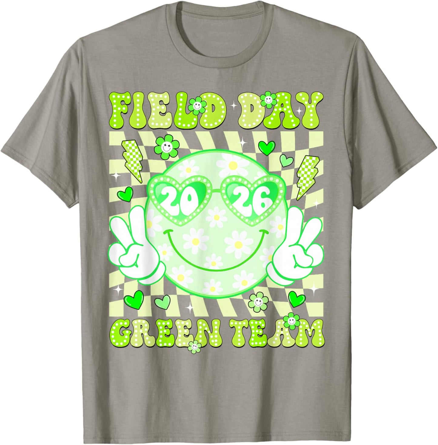 Field Day Green Team 2026 Smile Face Sunglasses Kids Teacher T-Shirt - T-Shirt | Sand
