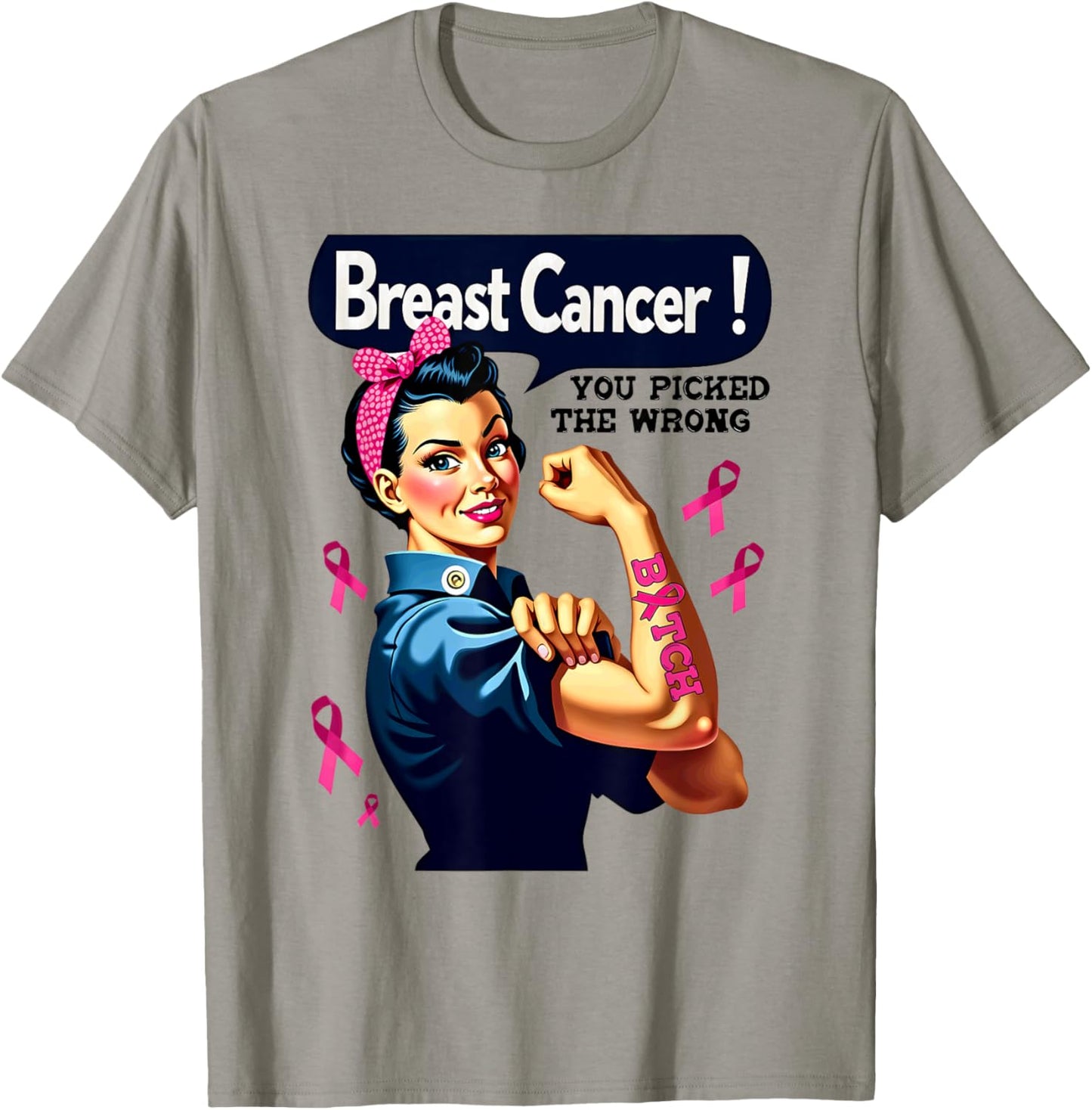 Breast Cancer You Picked The Wrong Bitch Messy Bun Girl T-Shirt - T-Shirt | Sand