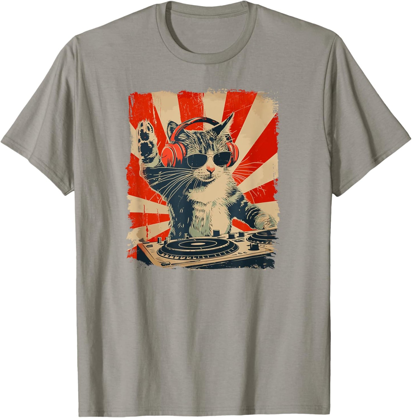 Funny DJ Cat Disco Sound Tech Headphone Music T-Shirt - T-Shirt | Sand