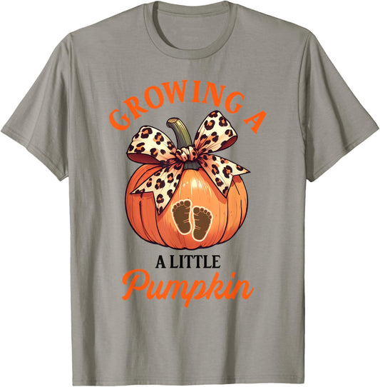 Fall Lover Fall Vibes Mommy To Be Outfit Pregnancy Thanksgiving Growing Little A Pumpkin T-Shirt - T-Shirt | Sand