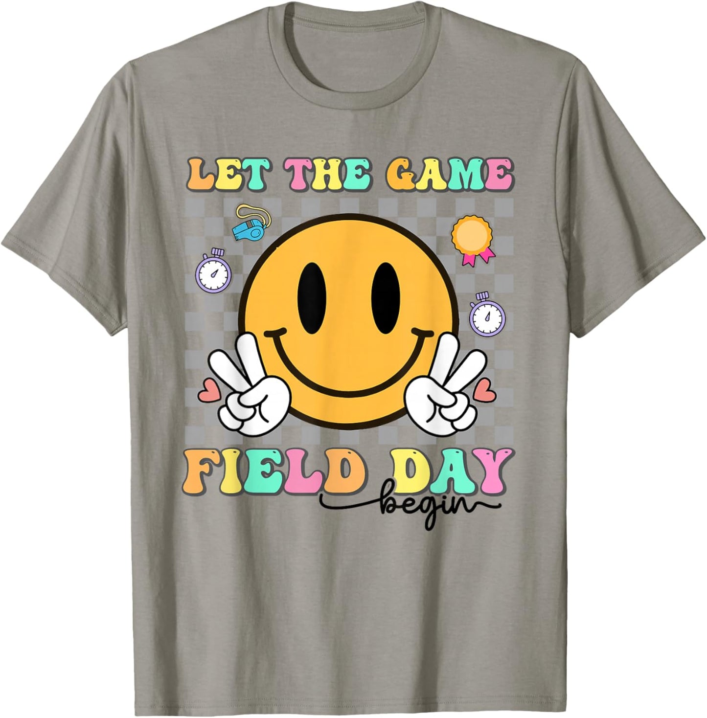 Let The Game Field Day Begin Groovy Smile Face Checkered T-Shirt - T-Shirt | Sand