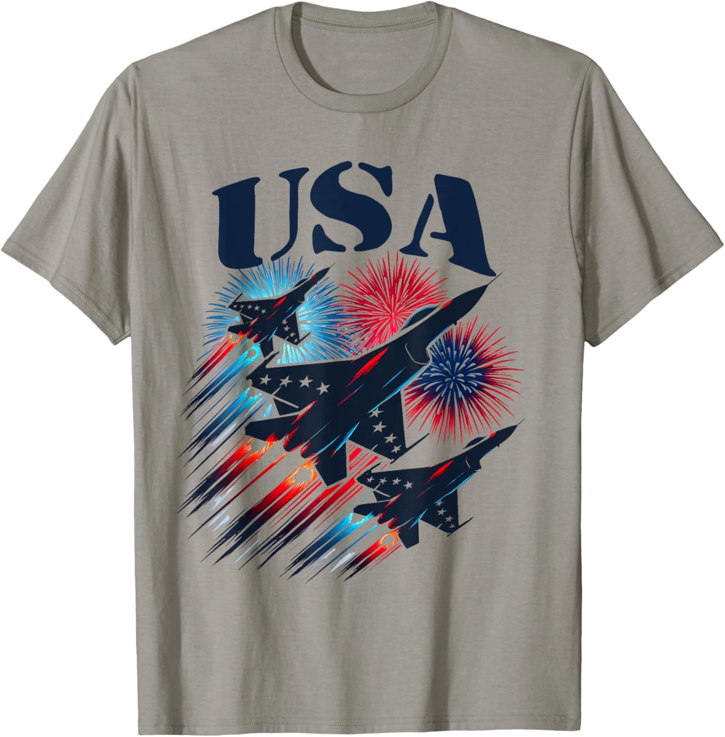 Patriotic 4th of July USA Flag Fighter Jets Planes Fireworks T-Shirt - T-Shirt | Sand