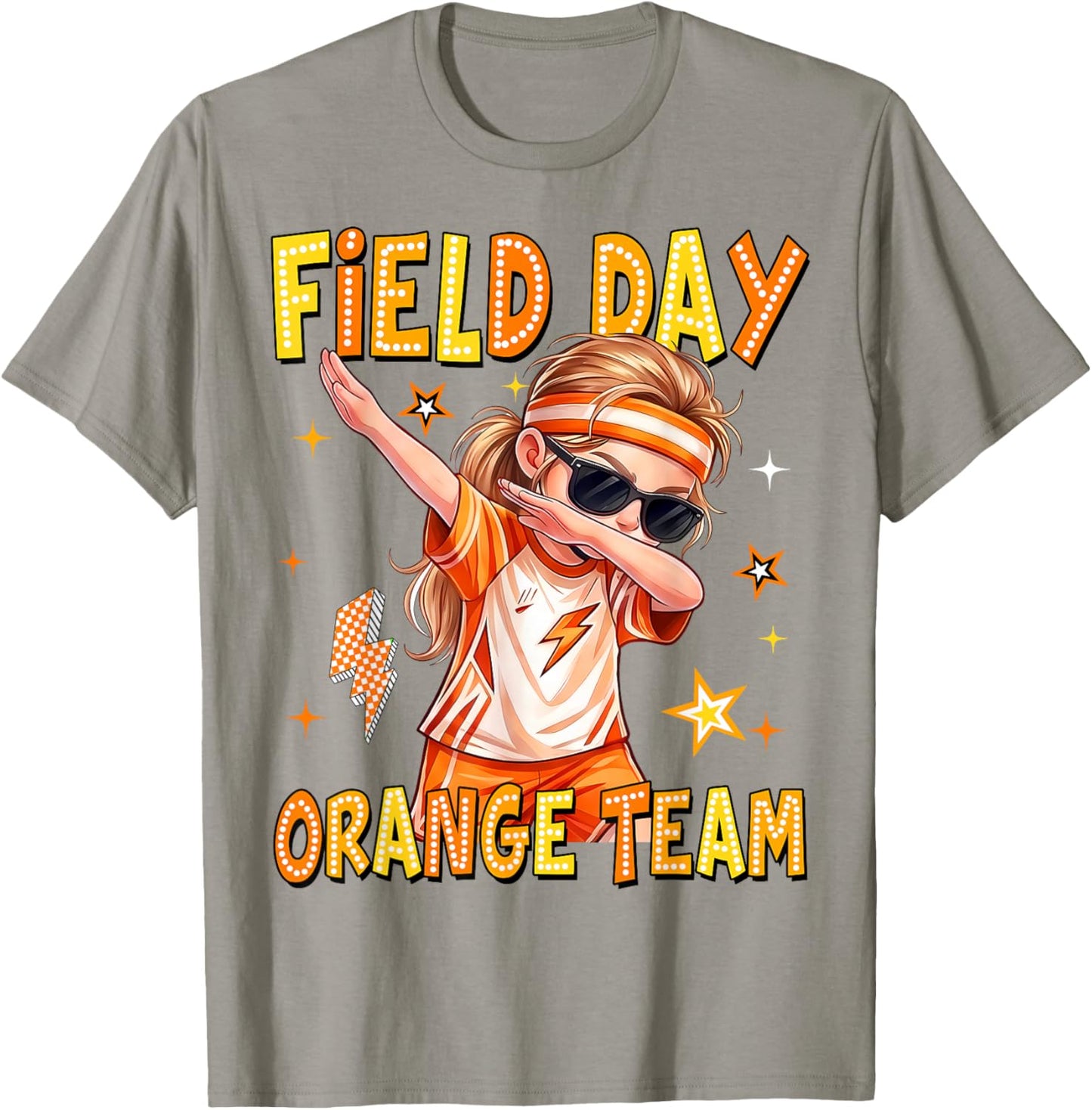 Field Day Orange Team Dabbing Girl Kids Games Field Trip Fun T-Shirt - T-Shirt | Sand