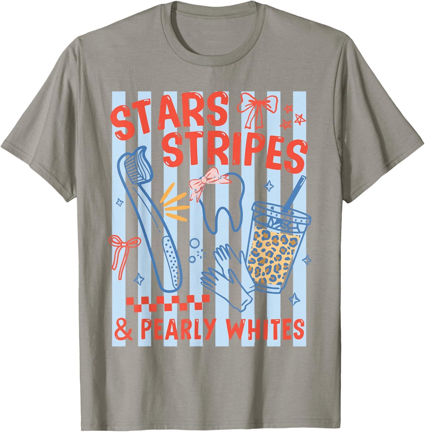 Stars Stripes Pearly Whites Dental Hygienist 4th July RDH T-Shirt - T-Shirt | Sand