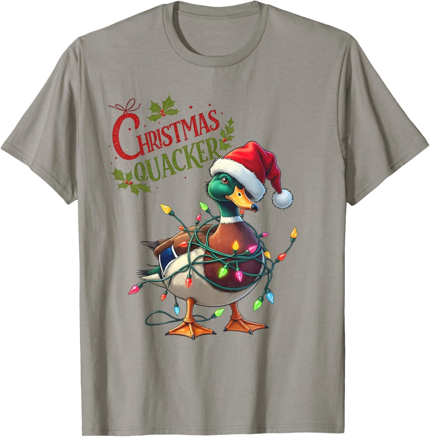 Christmas Quacker Santa Duck Christmas Lights Hunting Season T-Shirt - T-Shirt | Sand
